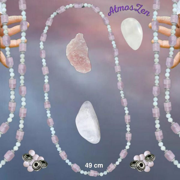 COLLIER 49 cm en PIERRE de LUNE et QUARTZ ROSE faits main - Atmos-Zen