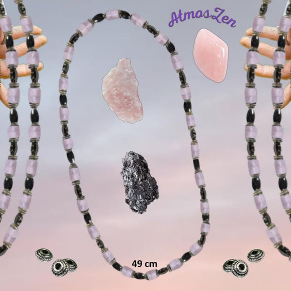 BRACELET / COLLIER en QUARTZ ROSE et HEMATITE faits main - Atmos-Zen