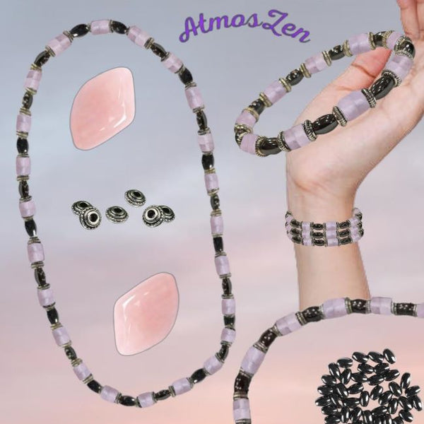 BRACELET / COLLIER en QUARTZ ROSE et HEMATITE faits main - Atmos-Zen