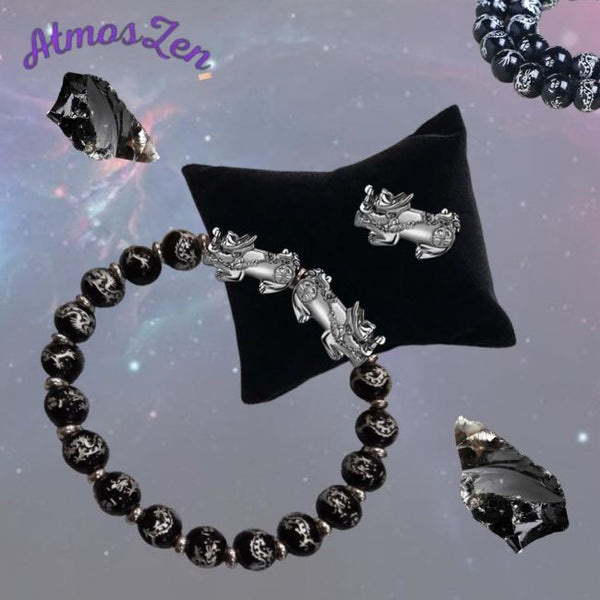 BRACELET OBSIDIENNE PIXIU vs DRAGON fait main - Atmos-Zen