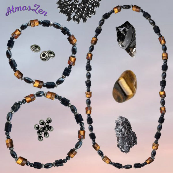 BRACELETS et COLLIER en Œil de Tigre, Obsidienne et Hématite Faits main - Atmos-Zen