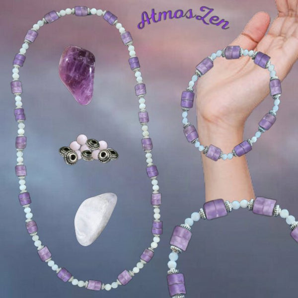 BRACELETS et COLLIER en PIERRE de LUNE et AMETHYSTE faits main - Atmos-Zen