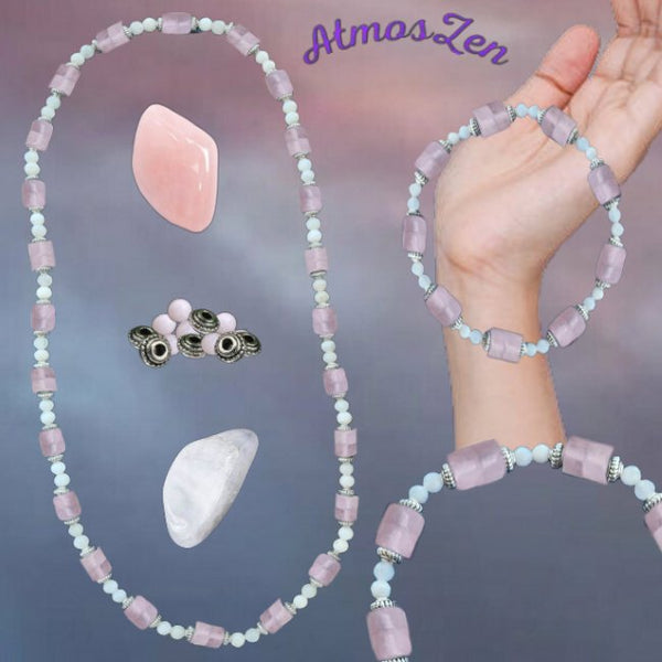 BRACELETS et COLLIER en PIERRE de LUNE et QUARTZ ROSE faits main - Atmos-Zen