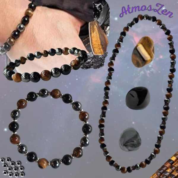 BRACELETS et COLLIER PERLES Œil de Tigre, Obsidienne et Hématite Faits main - Atmos-Zen