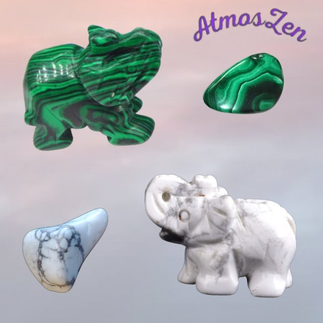 HOWLITE BLANCHE et MALACHITE - Pierres Naturelles Design Eléphant - Atmos-Zen