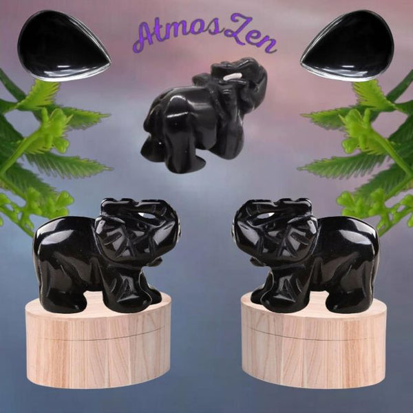 OBSIDIENNE et HEMATITE - Pierres Naturelles Design Eléphant - Atmos-Zen