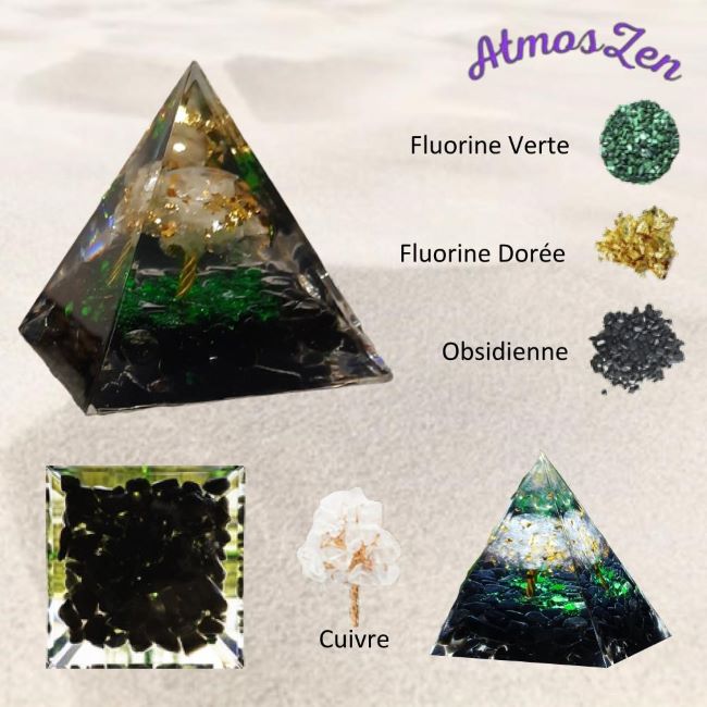 PYRAMIDE ENERGIE ORGONITE Décor Arbre de Vie et Obsidienne - Atmos-Zen