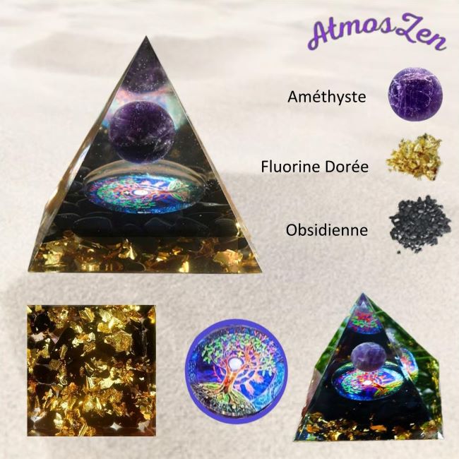 PYRAMIDE ENERGIE ORGONITE Décor Pierre Améthyste et Obsidienne - Atmos-Zen