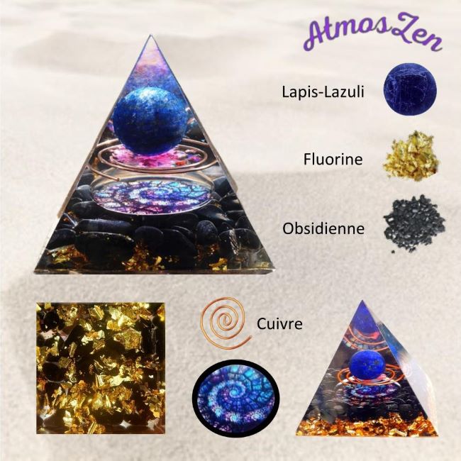PYRAMIDE ENERGIE ORGONITE Décor Pierre Lapis-Lazuli et Obsidienne - Atmos-Zen
